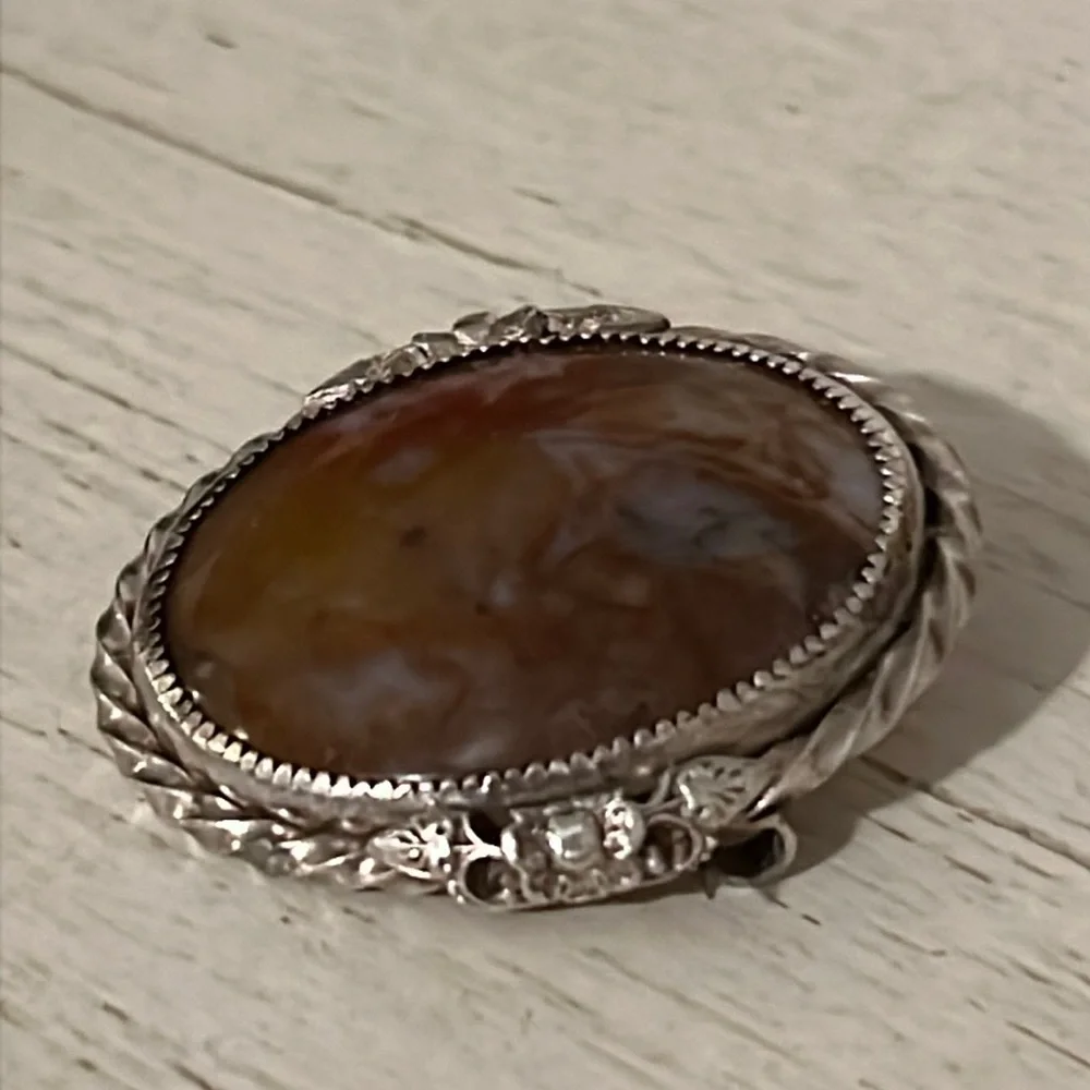 Antique unmarked sterling silver quartz brooch floral Filigree 1.75” x 1.25”